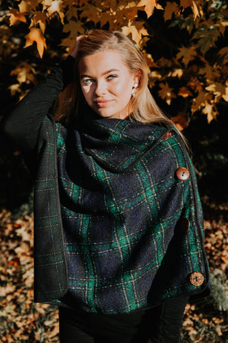 Plaid Navy & Green Poncho