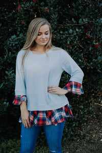 "All about that Plaid" Light Blue Sweater