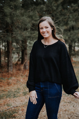 Black Crop Sweater with Bubble Sleeve