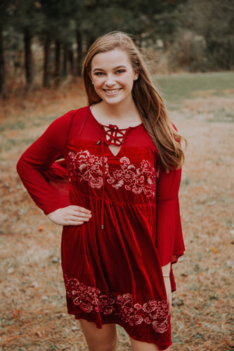 Red Velvet Embroidered Dress