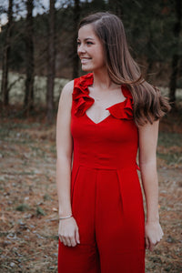 Candy Cane Red Ruffled Sleeve Jumpsuit