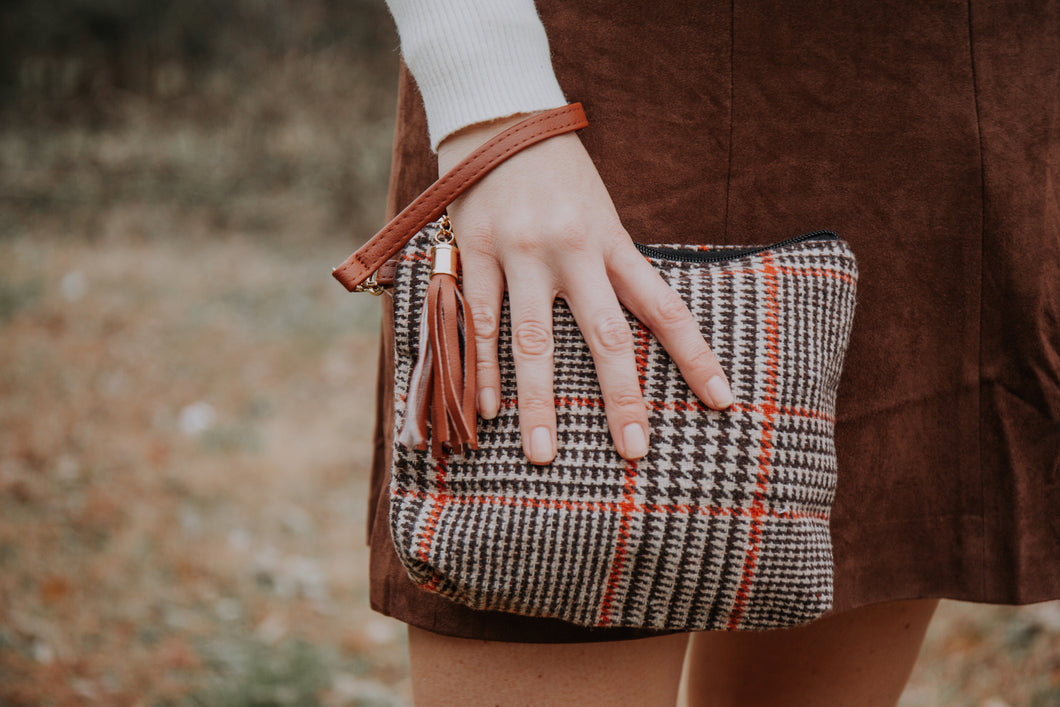 Burnt Orange & Brown Plaid Wristlet