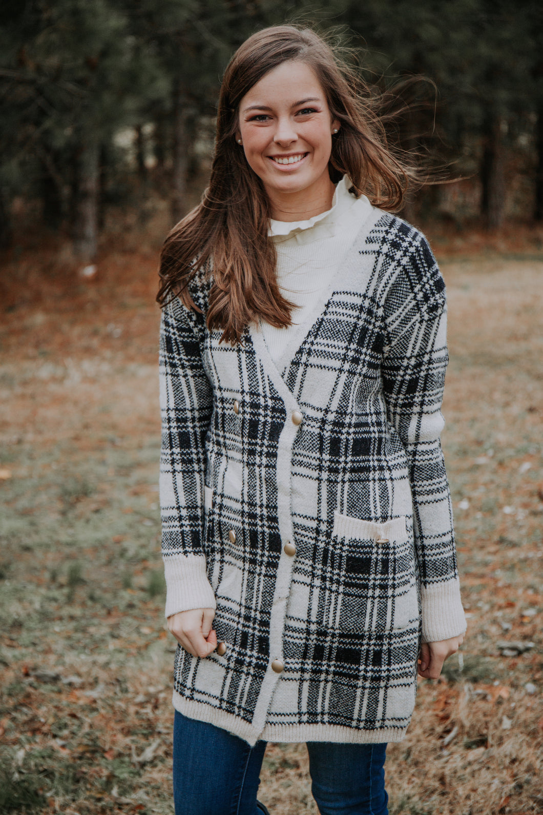 Black & Cream Plaid Button Up Sweater